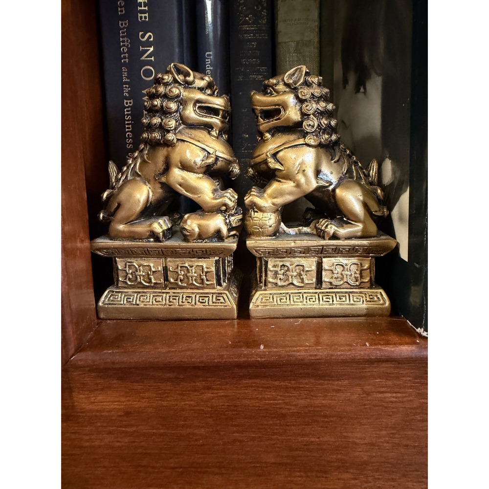 Vintage Gold Foo Dog Bookends Pair Chinese Guardian Lion Statues Home Decor Set